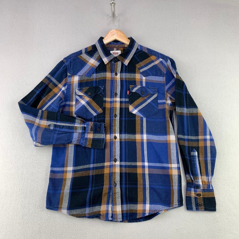 Levi's Flannel Shirt Mens Small Blue/Black Plaid Western Long Sleeve Cotton